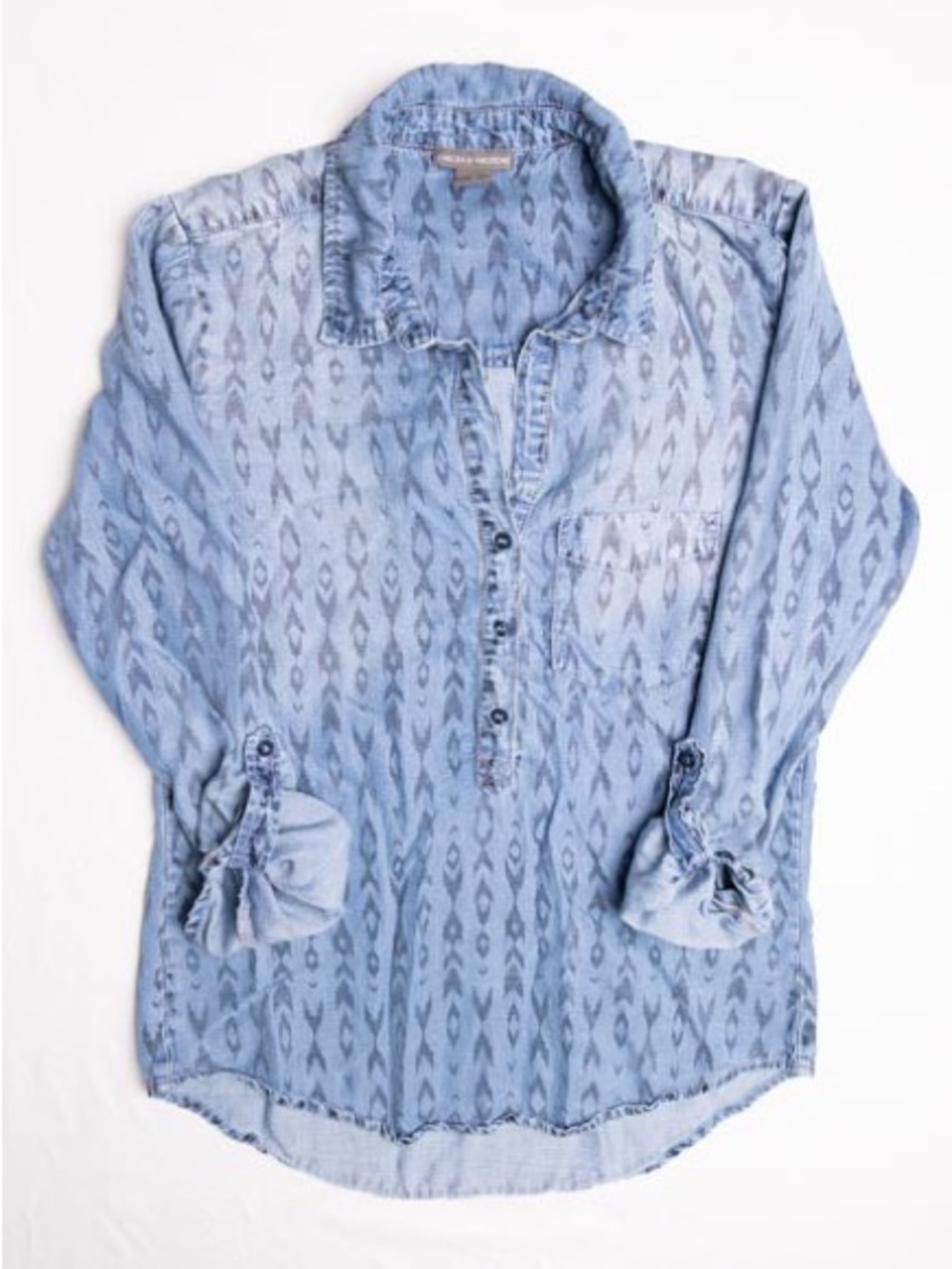 Chelsea & Theodore Popover Blouse Womens Medium M Chambray Blue Ikat Tencel Top